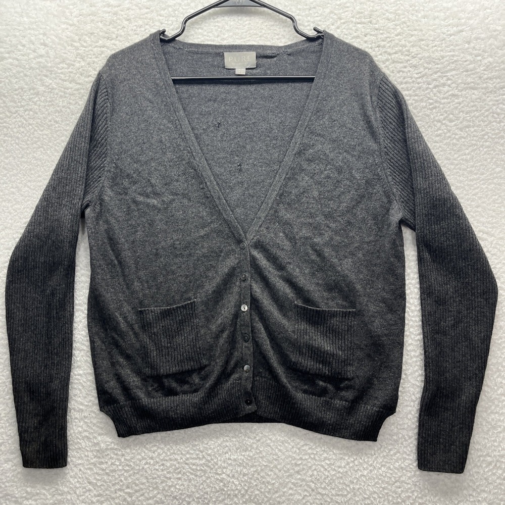 Pure Collection Cardigan Womens 12 Gray Wool Cashmere Long Sleeve Buttoned‎ Fit